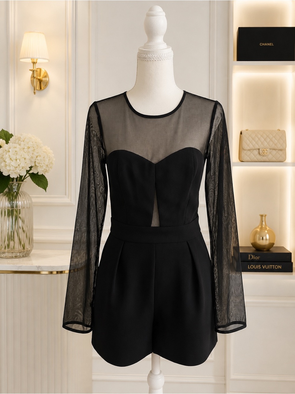 BCBGeneration Black Sheer Mesh Long Sleeve Romper - Size 4